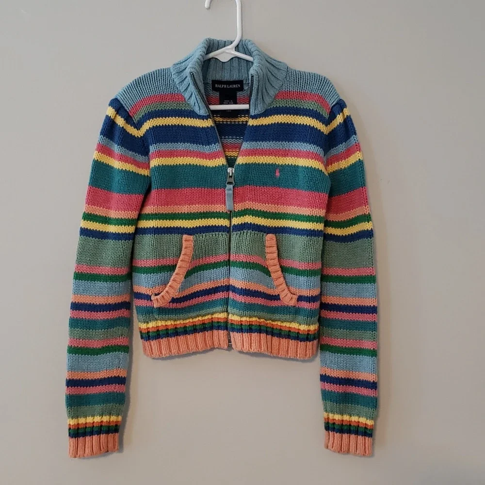 Vintage Ralph Lauren Girls Striped Cardigan Sweater SIZE 6 Zip Pink Pony Preppy